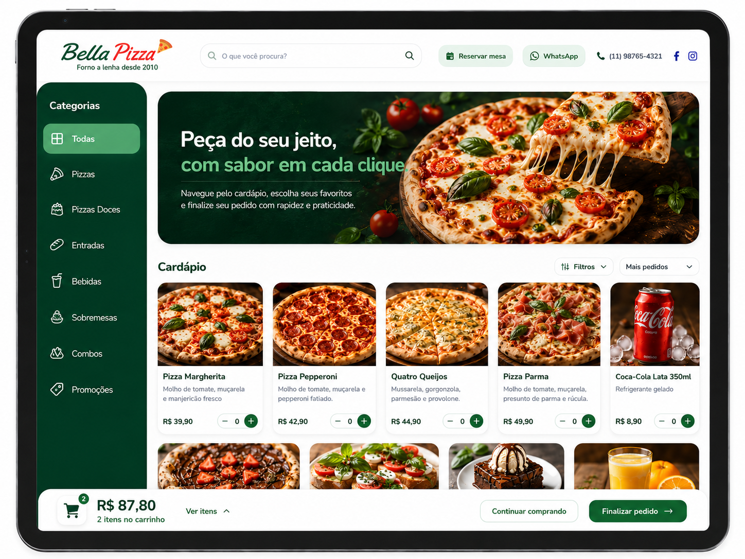 Prévia do menu público verde com cardápio e pedidos