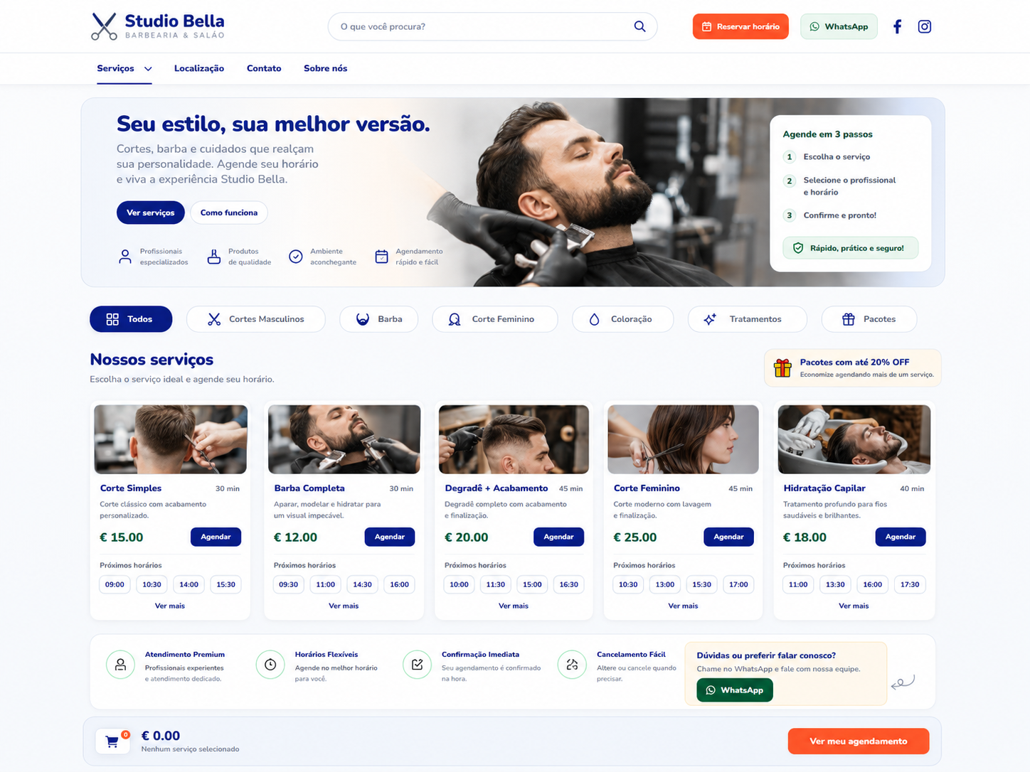 Prévia de página para salão, barbearia e serviços com agenda online